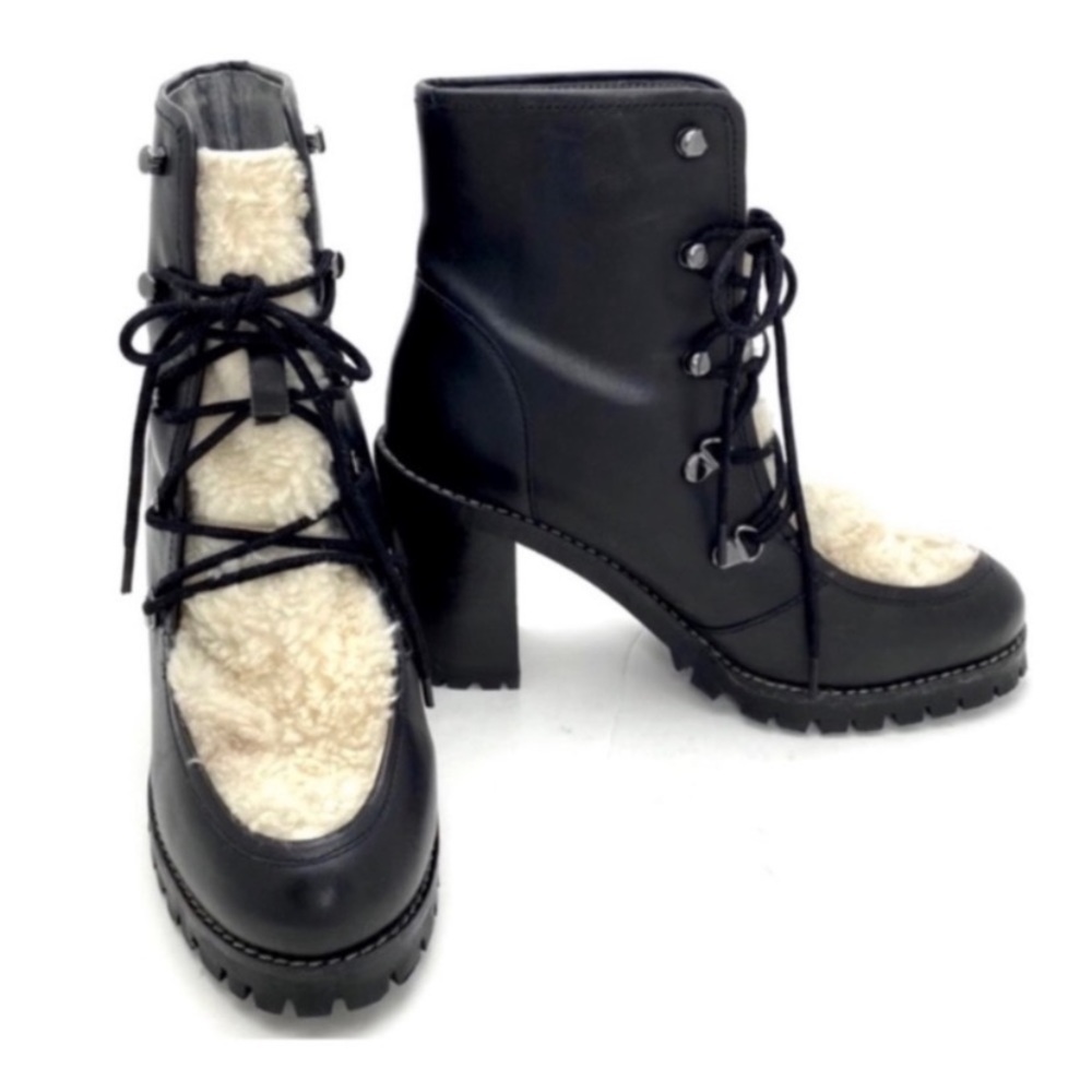 Seychelles Theater Sherpa Fur Leather Lace up Chunky Heel Hiker Boot BK Sz 8.5 - Picture 4 of 10
